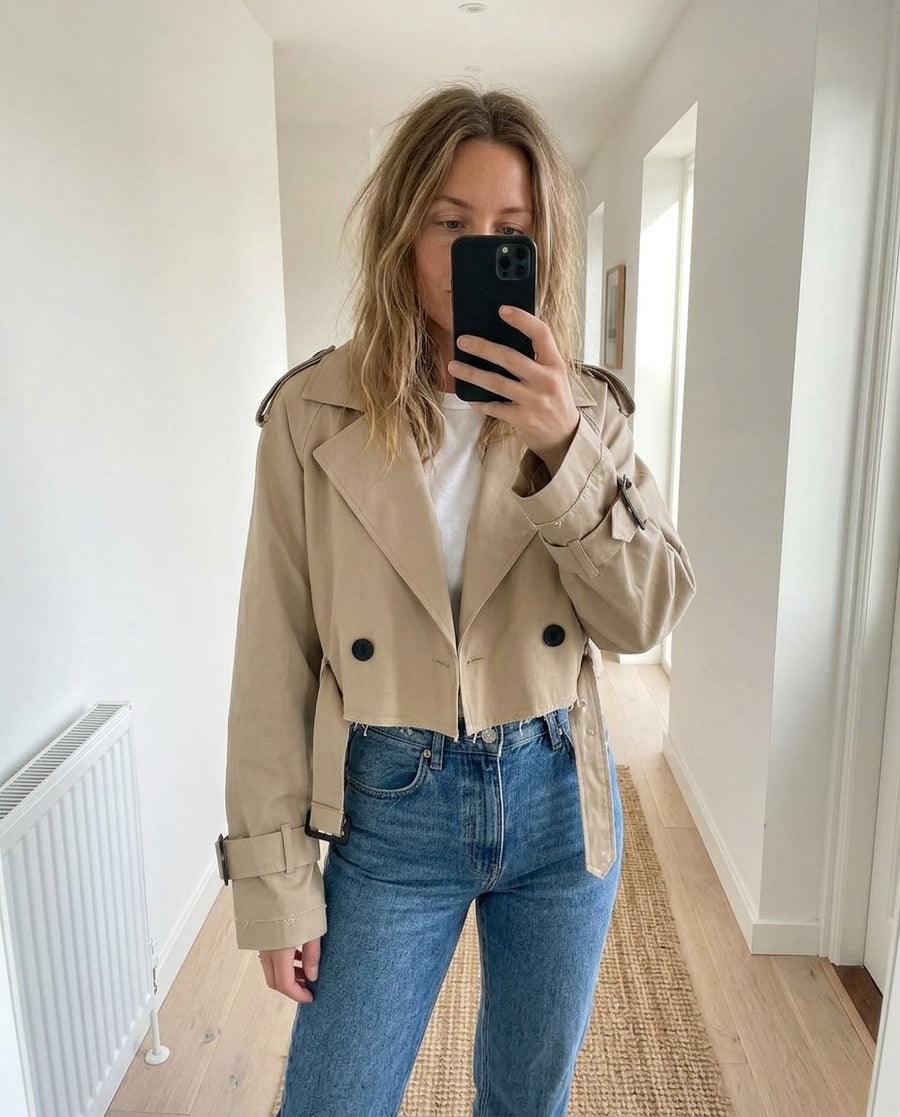 Beige dubbelknäppt kort Trenchjacka med skärp för kvinnor, kort trenchjacka, stylinginspiration spegelbild i hallen
