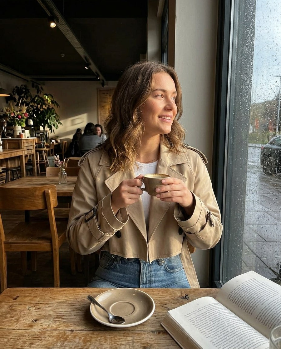 Beige dubbelknäppt kort Trenchjacka med skärp för kvinnor, kort trenchjacka, stylinginspiration på ett kafé