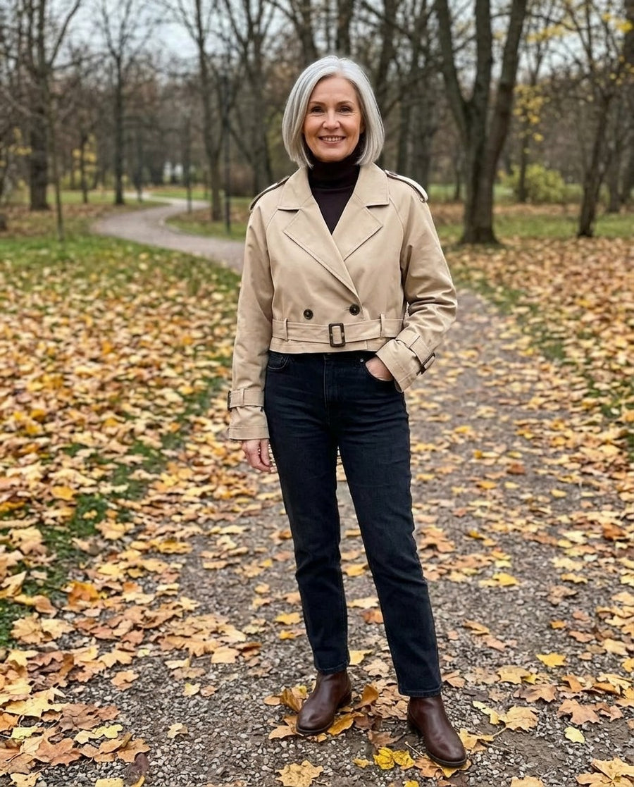 Beige dubbelknäppt kort Trenchjacka med skärp för kvinnor, kort trenchjacka, stylinginspiration i en höstpark