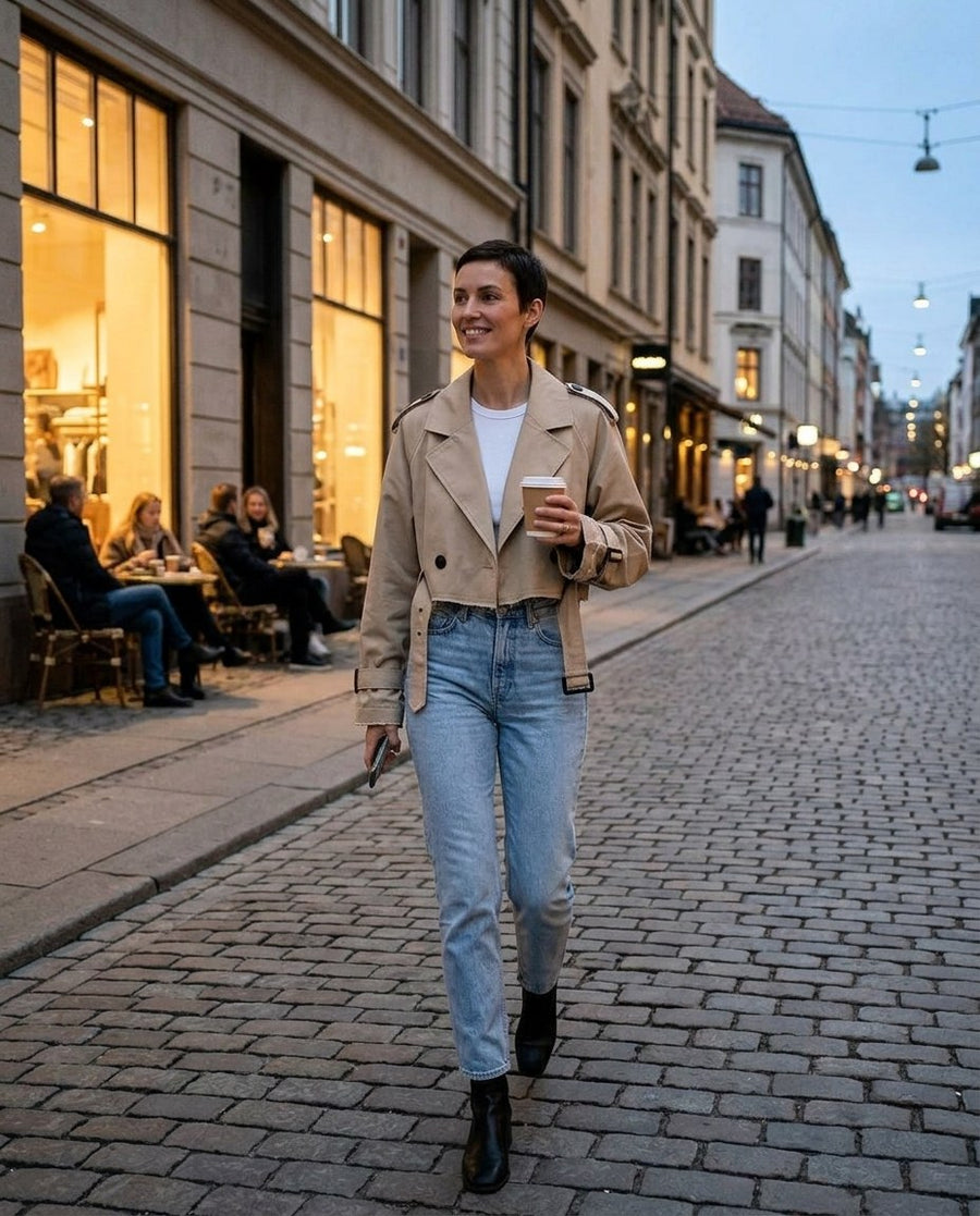 Beige dubbelknäppt kort Trenchjacka med skärp för kvinnor, kort trenchjacka, stylinginspiration en kväll i stan