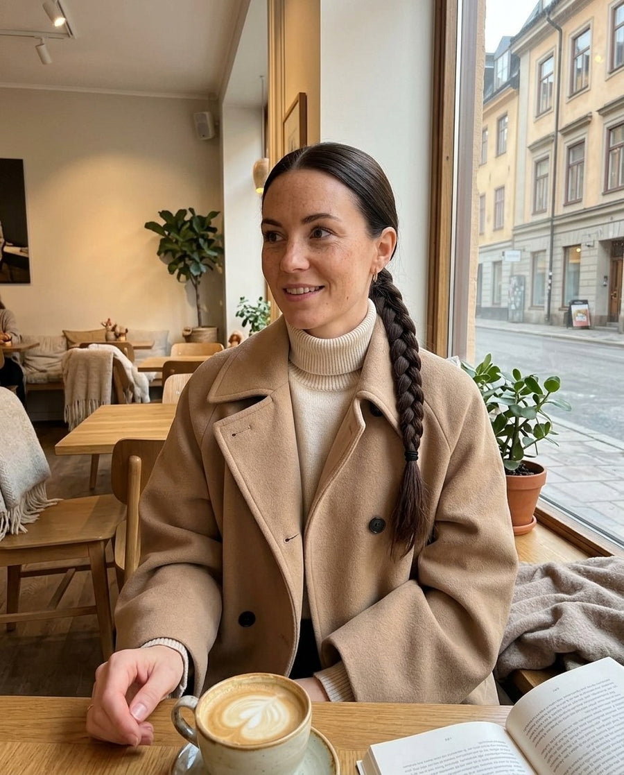 Kort ullkappa | enkelknäppt | lös passform | rymlig ullkappa | ulltrenchcoat dam, kort ullkappa | enkelknäppt | lös passform | rymlig ullkappa | ulltrenchcoat dam i beige, stylinginspiration på ett kafé