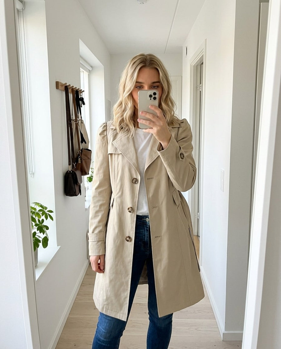 Kvinnors Trenchcoat med Nutida Formgivning, kvinnors trenchcoat med nutida formgivning i ljusbrun, stylinginspiration spegelbild i hallen
