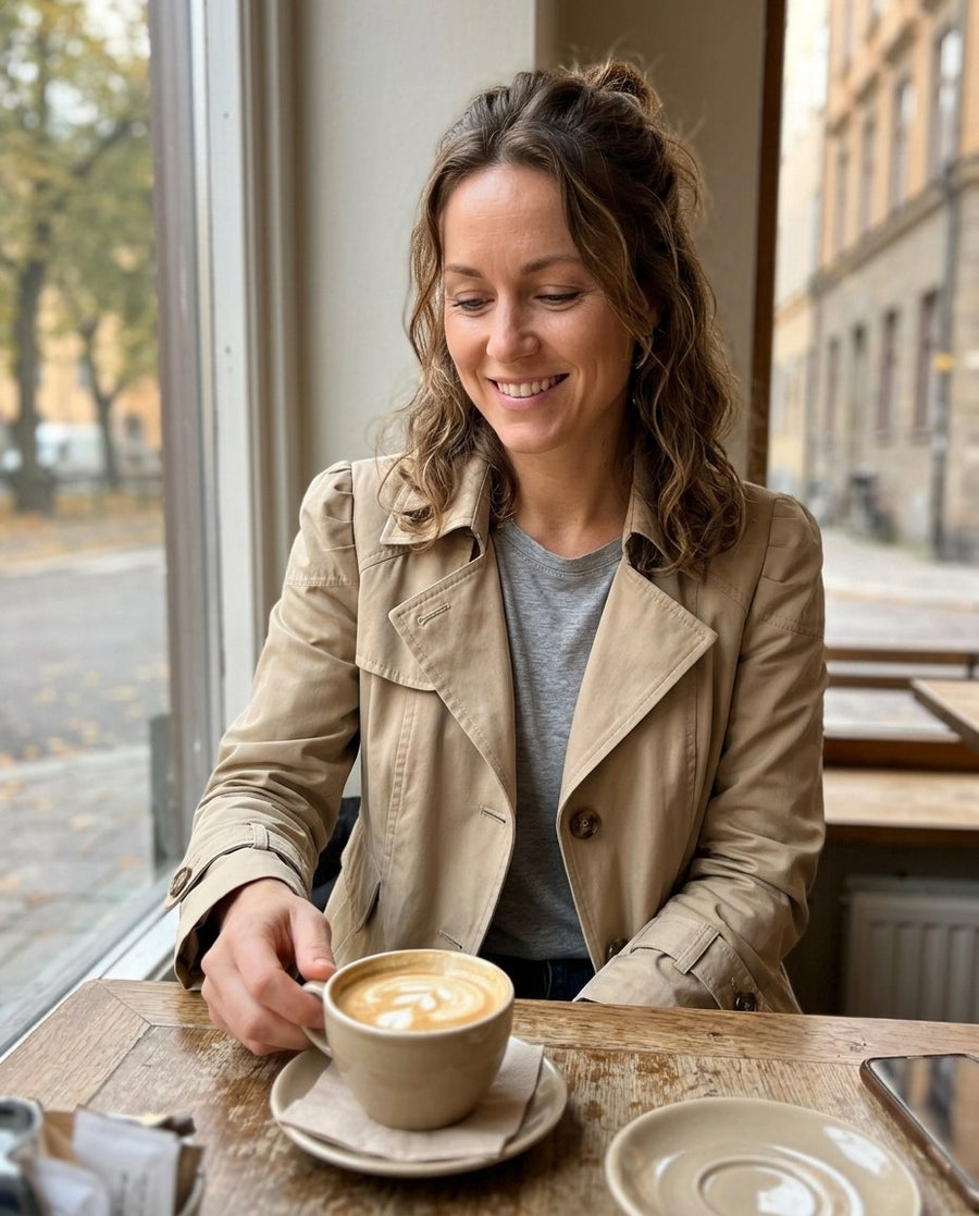 Kvinnors Trenchcoat med Nutida Formgivning, kvinnors trenchcoat med nutida formgivning i beige, stylinginspiration på ett kafé