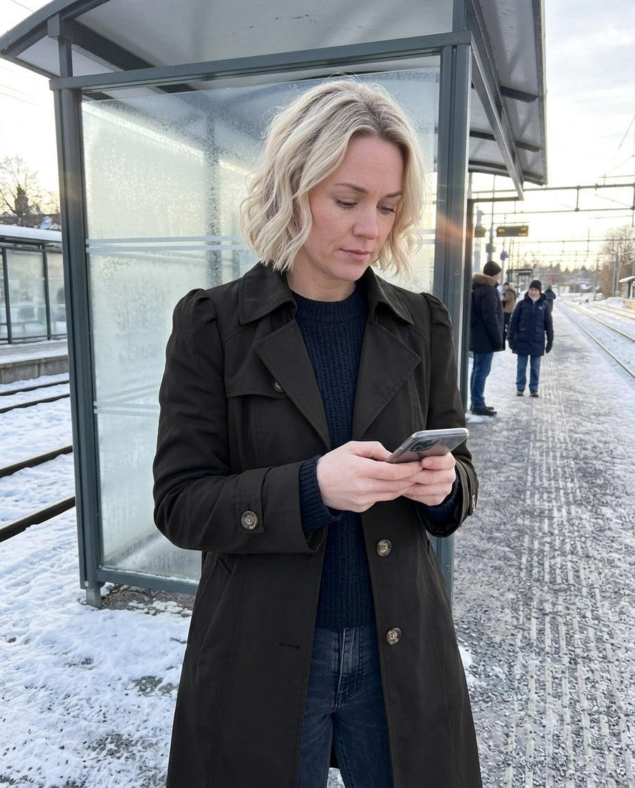 Kvinnors Trenchcoat med Nutida Formgivning, kvinnors trenchcoat med nutida formgivning i svart, stylinginspiration på en perron