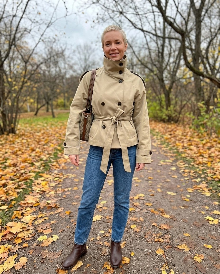 Kvinnors Kroppsnära Trenchcoat med Användbara Fickor, kvinnors kroppsnära trenchcoat med användbara fickor i grön, stylinginspiration i en höstpark