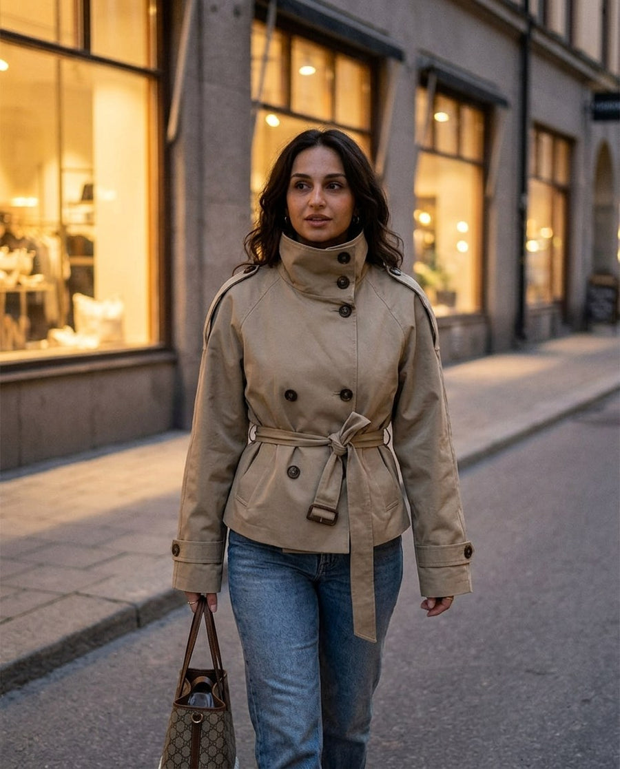 Kvinnors Kroppsnära Trenchcoat med Användbara Fickor, kvinnors kroppsnära trenchcoat med användbara fickor i ljusbrun, stylinginspiration en kväll i stan