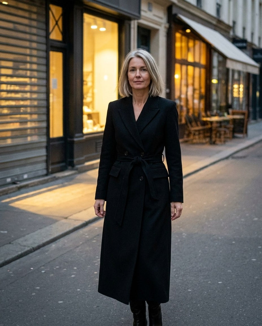Kvinnors Lång Trenchcoat med Traditionell Dubbelknäppning, kvinnors lång trenchcoat med traditionell dubbelknäppning i svart, stylinginspiration en kväll i stan