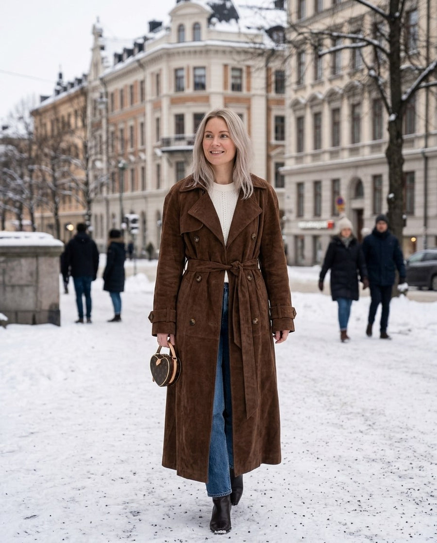Kvinnors Lång Trench Coat i Brunt för Höst & Vinter, kvinnors lång trench coat i brunt för höst & vinter, stylinginspiration på en snöig gata