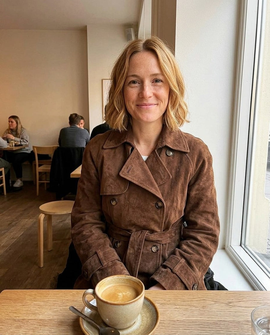 Kvinnors Lång Trench Coat i Brunt för Höst & Vinter, kvinnors lång trench coat i brunt för höst & vinter, stylinginspiration på ett kafé
