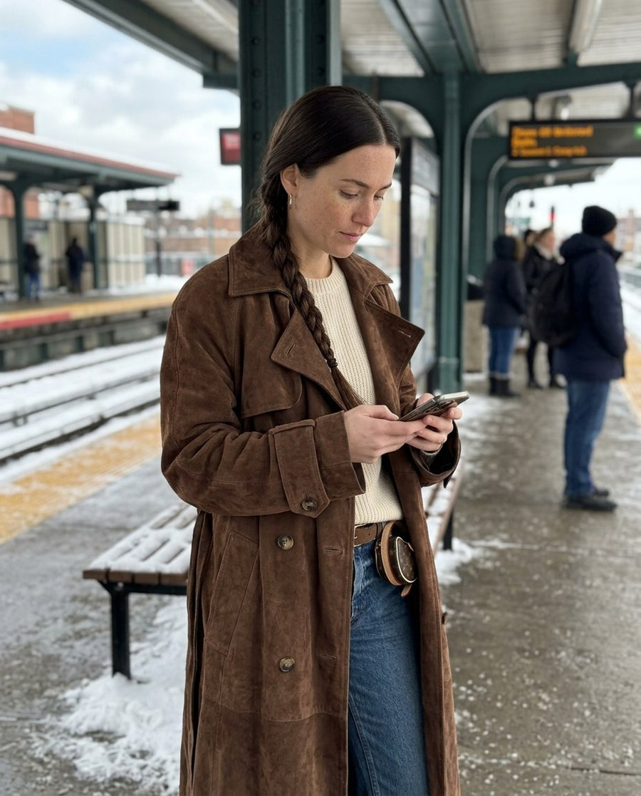 Kvinnors Lång Trench Coat i Brunt för Höst & Vinter, kvinnors lång trench coat i brunt för höst & vinter, stylinginspiration på en perron