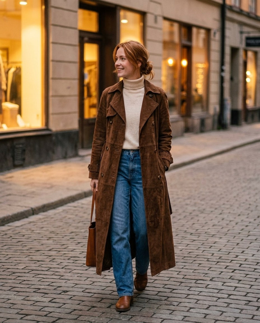 Kvinnors Lång Trench Coat i Brunt för Höst & Vinter, kvinnors lång trench coat i brunt för höst & vinter, stylinginspiration en kväll i stan