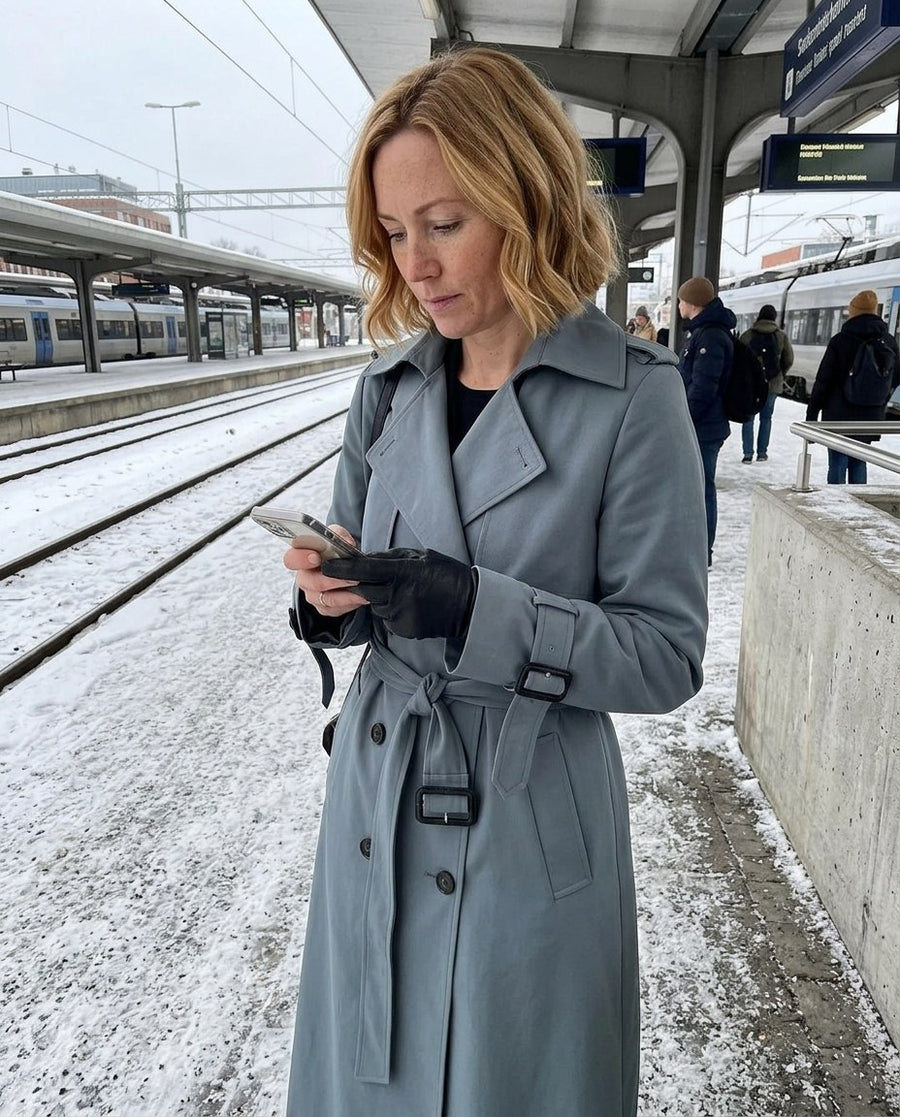 Kvinnors Snygga Trenchcoat för Vårsäsongen, kvinnors snygga trenchcoat för vårsäsongen i grå, stylinginspiration på en perron
