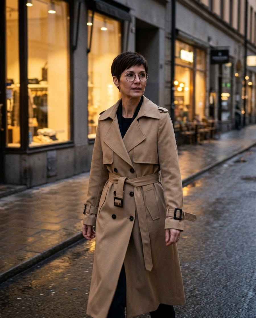 Kvinnors Snygga Trenchcoat för Vårsäsongen, kvinnors snygga trenchcoat för vårsäsongen i brun, stylinginspiration en kväll i stan
