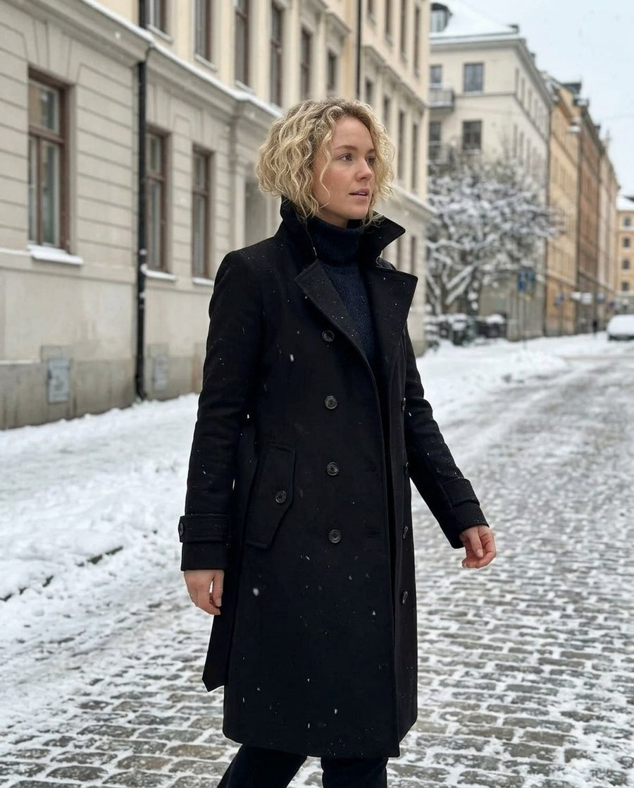 Alicia, lång midjesmal trenchcoat i svart, stylinginspiration på en snöig gata