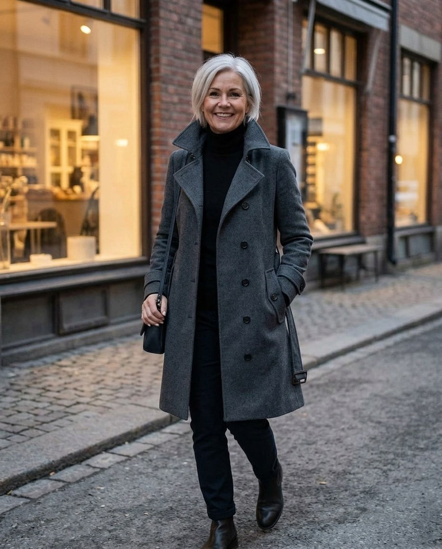 Alicia, lång midjesmal trenchcoat i mörkgrå, stylinginspiration en kväll i stan