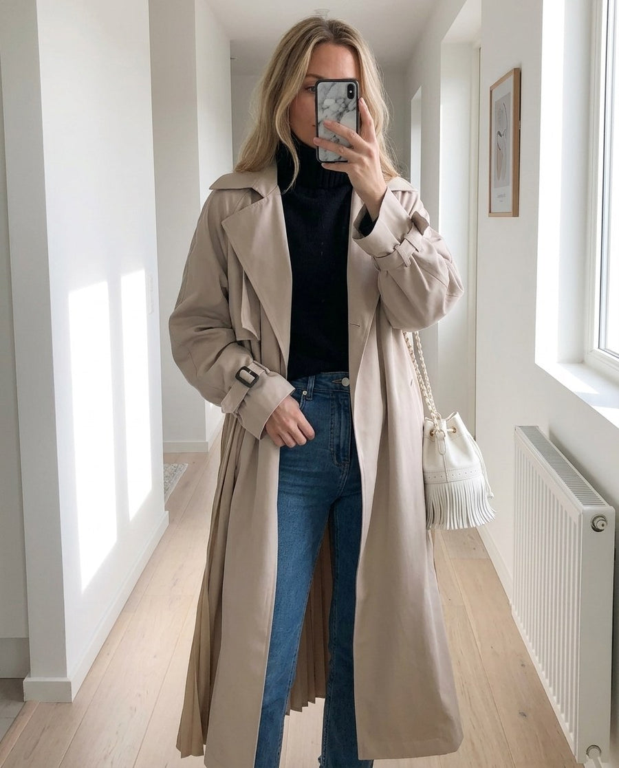 Enkelknäppt Beige Vattentät Trench Coat för kvinnor, lång trench coat i beige, stylinginspiration spegelbild i hallen