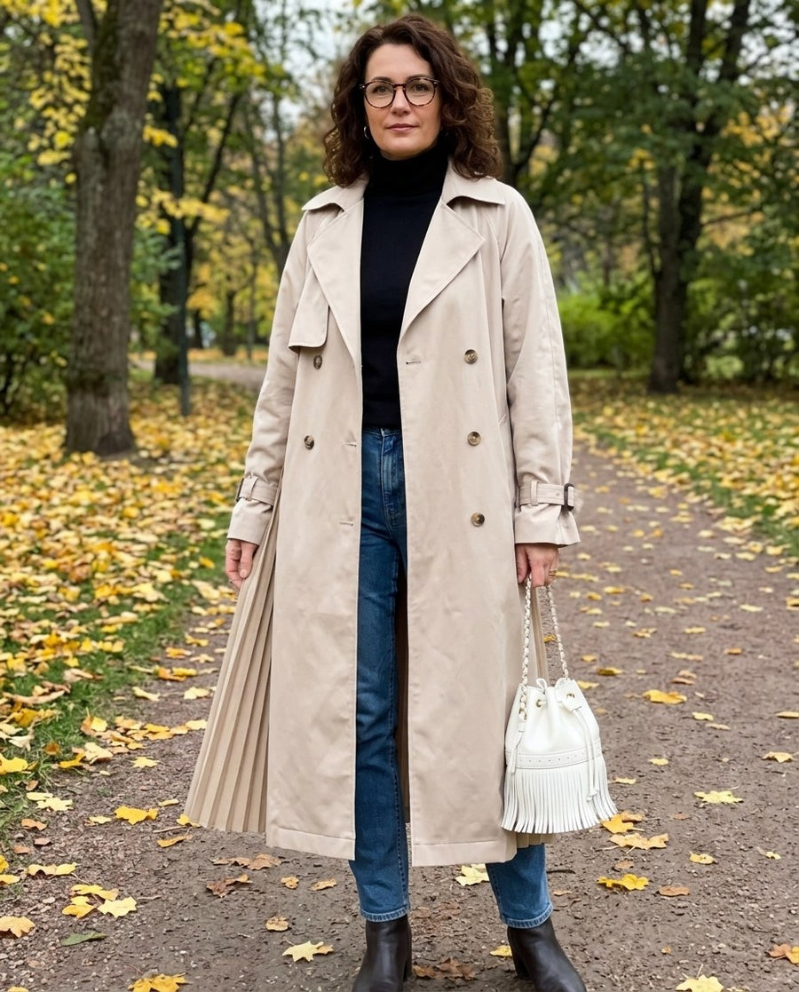 Enkelknäppt Beige Vattentät Trench Coat för kvinnor, lång trench coat i beige, stylinginspiration i en höstpark