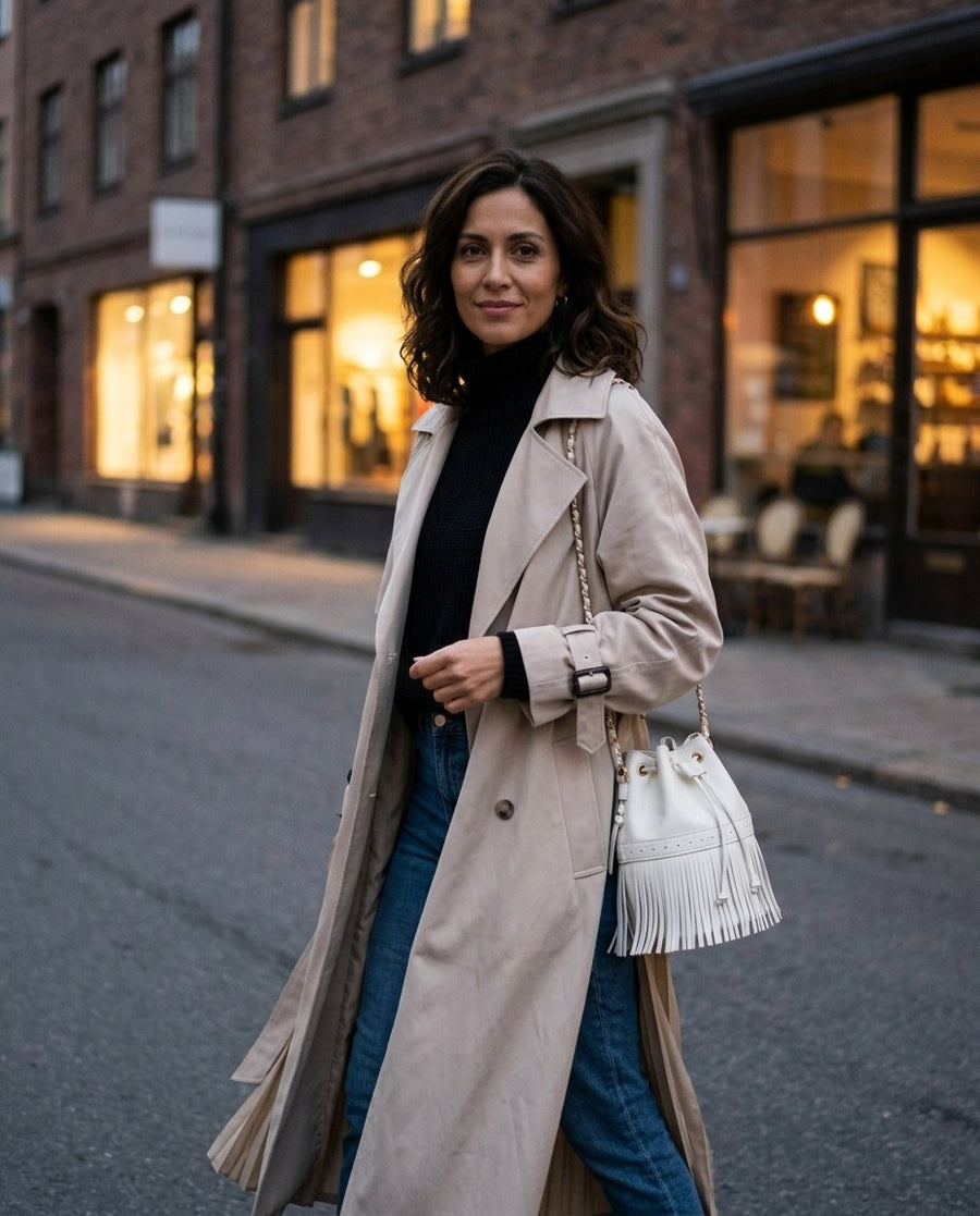 Enkelknäppt Beige Vattentät Trench Coat för kvinnor, lång trench coat i beige, stylinginspiration en kväll i stan