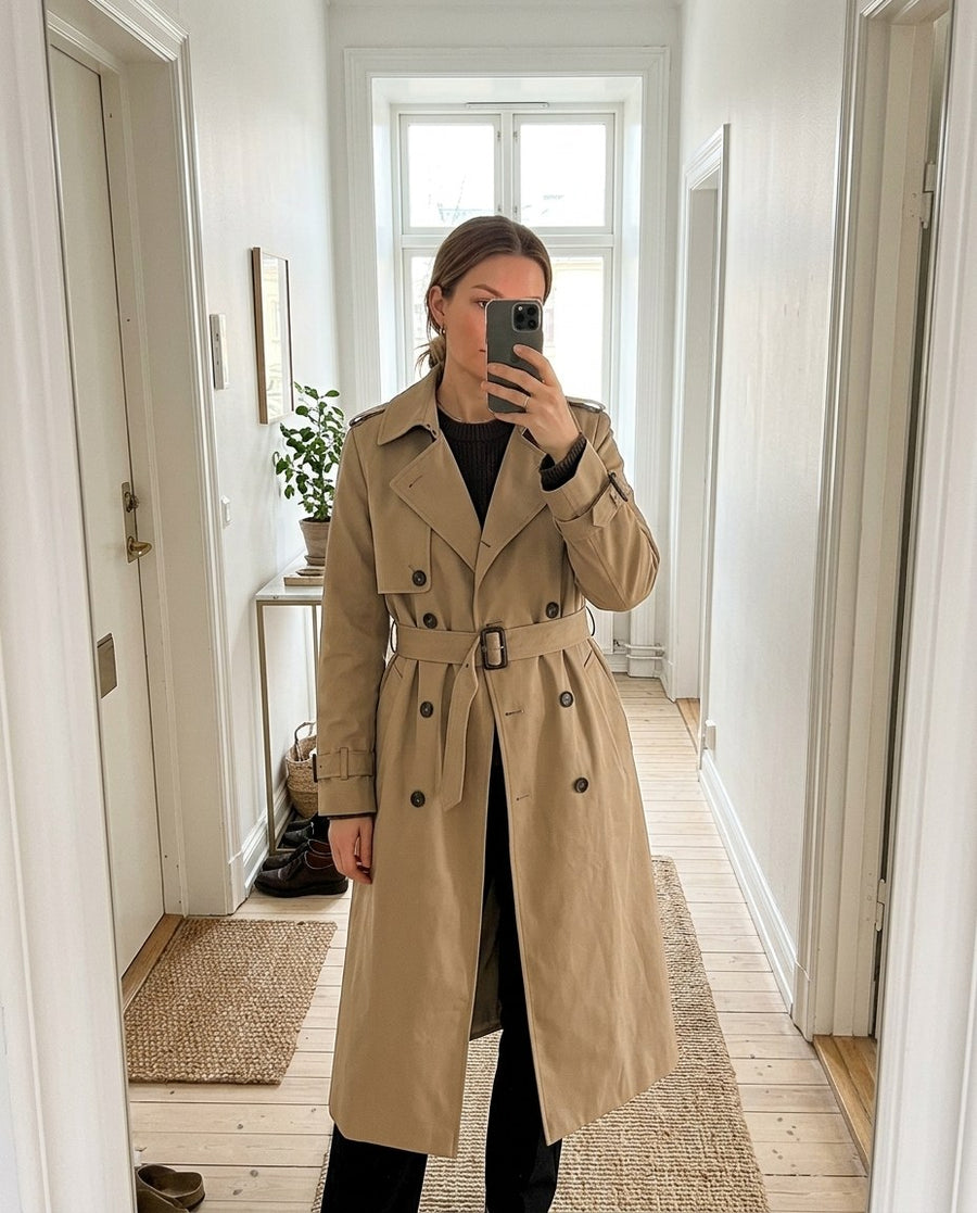 Fiona, lång trenchcoat i beige, stylinginspiration spegelbild i hallen