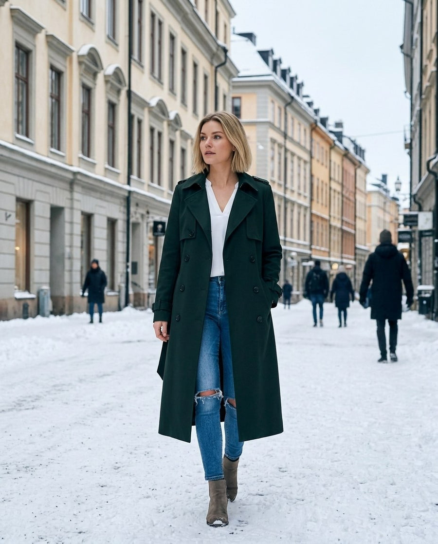 Fiona, lång trenchcoat i mörkgrön, stylinginspiration på en snöig gata