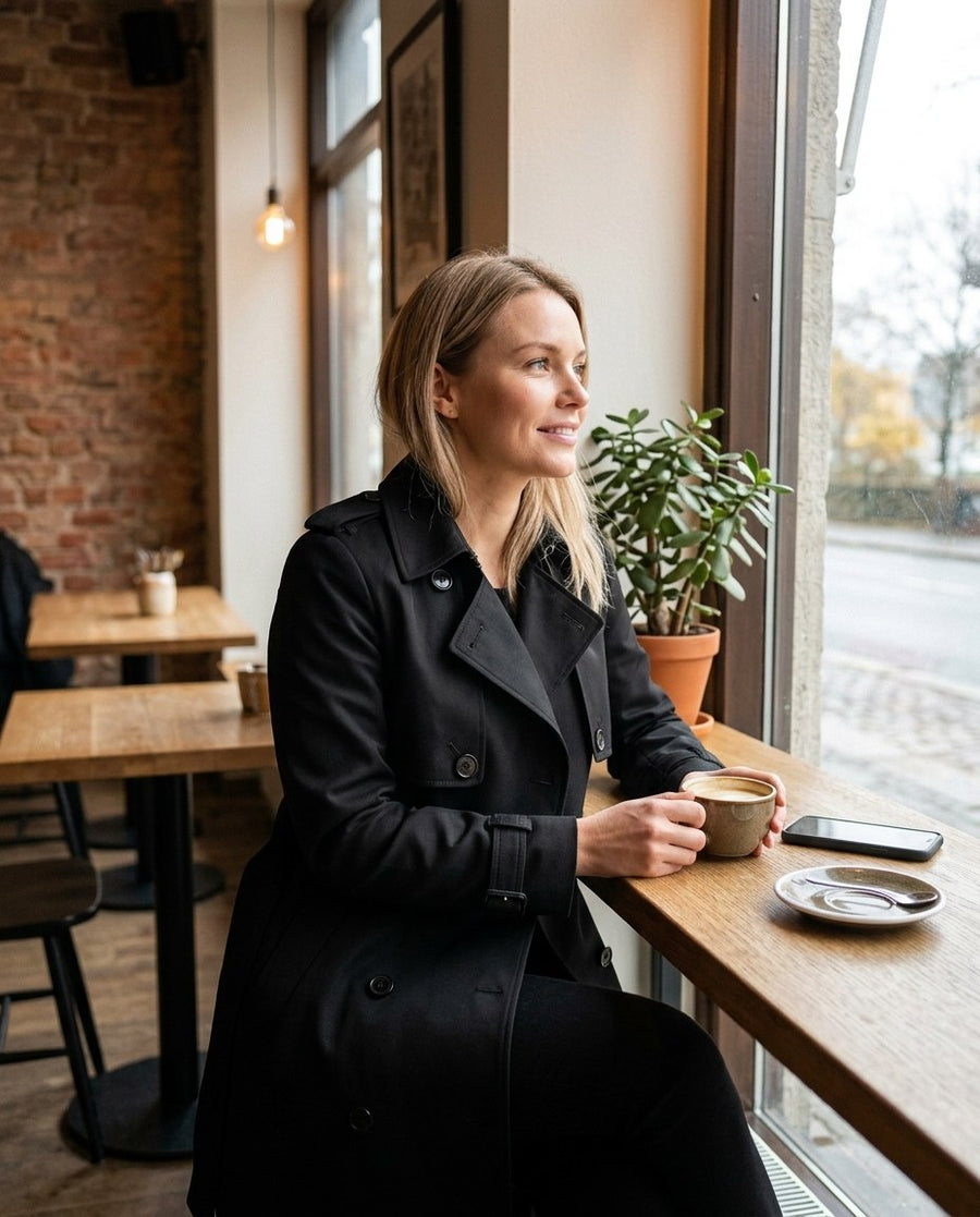 Fiona, lång trenchcoat i svart, stylinginspiration på ett kafé