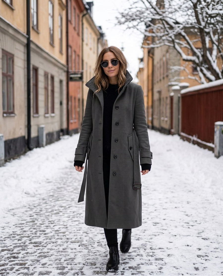Alicia, lång midjesmal trenchcoat i mörkgrå, stylinginspiration på en snöig gata