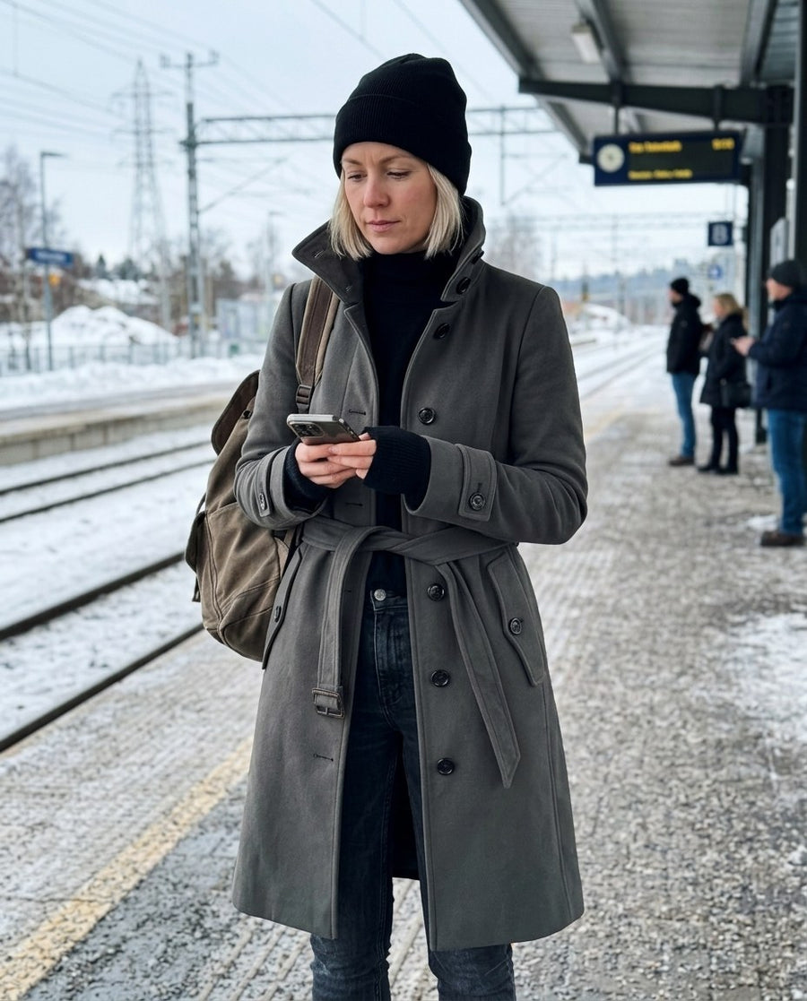 Alicia, lång midjesmal trenchcoat i mörkgrå, stylinginspiration på en perron