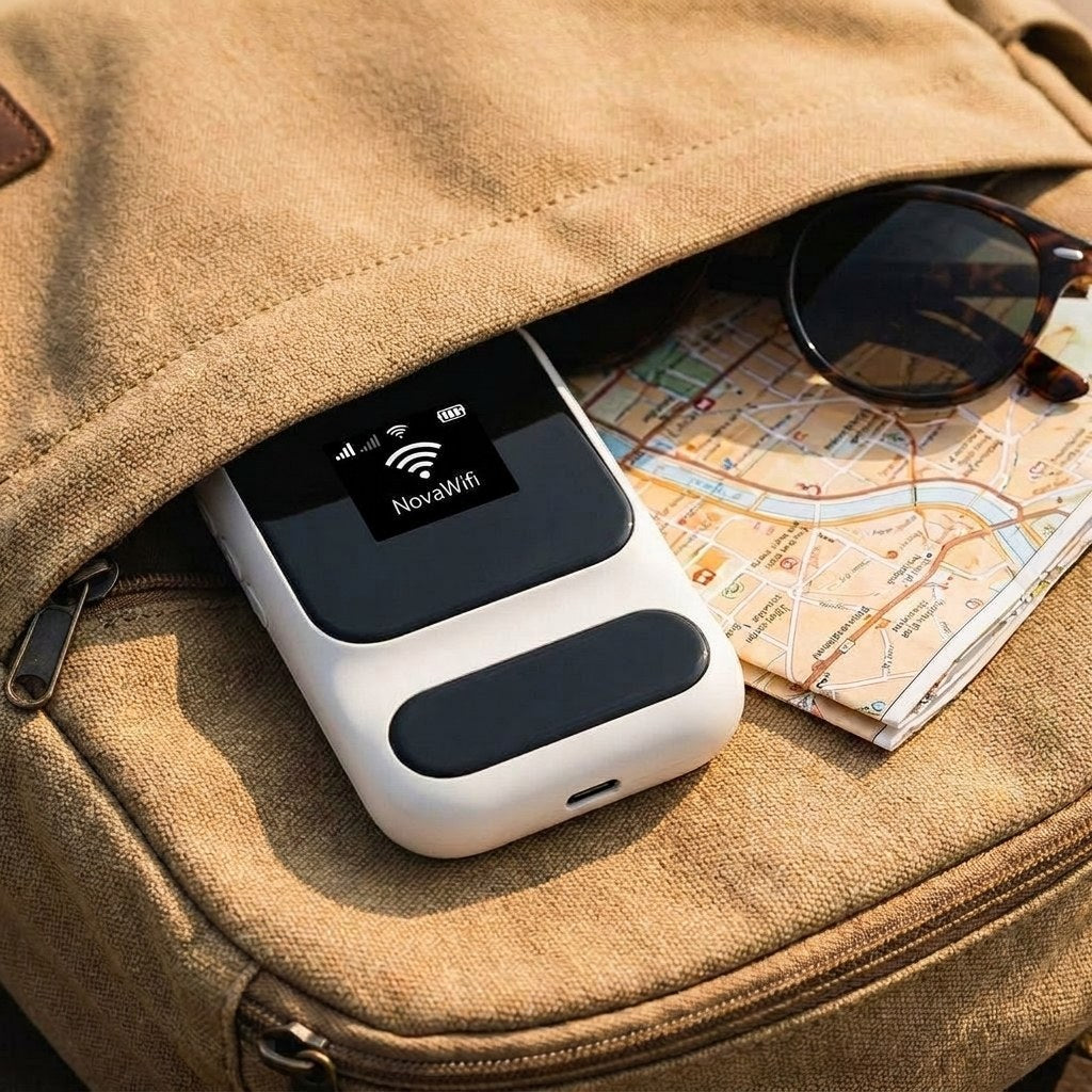 NovaWifi dans un sac de voyage avec carte et lunettes