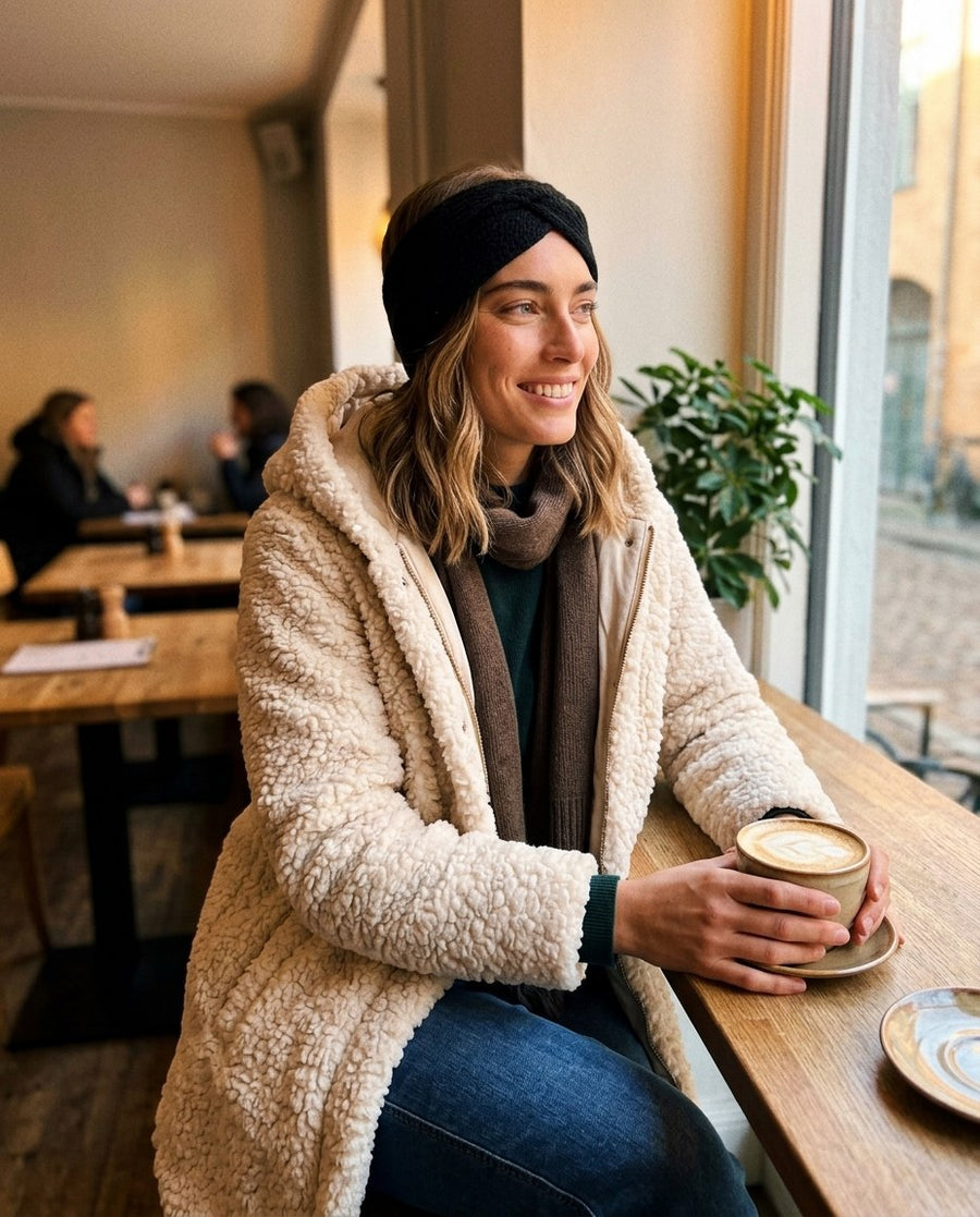 Tove, teddykappa med huva för dam i sand, stylinginspiration på ett kafé