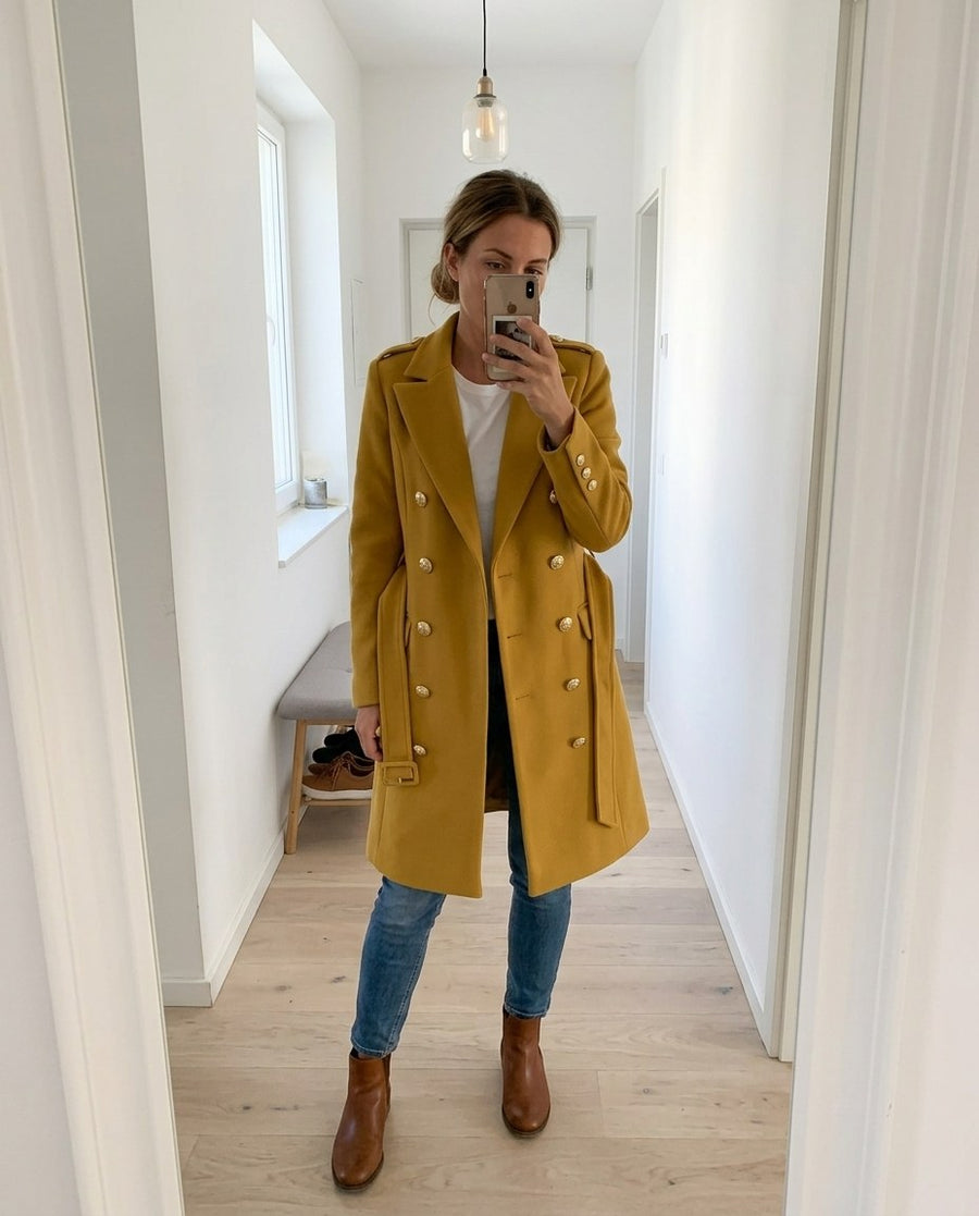 Dubbelknäppt Midilång Ullkappa för Kvinnor, trenchcoat i ull i gul, stylinginspiration spegelbild i hallen