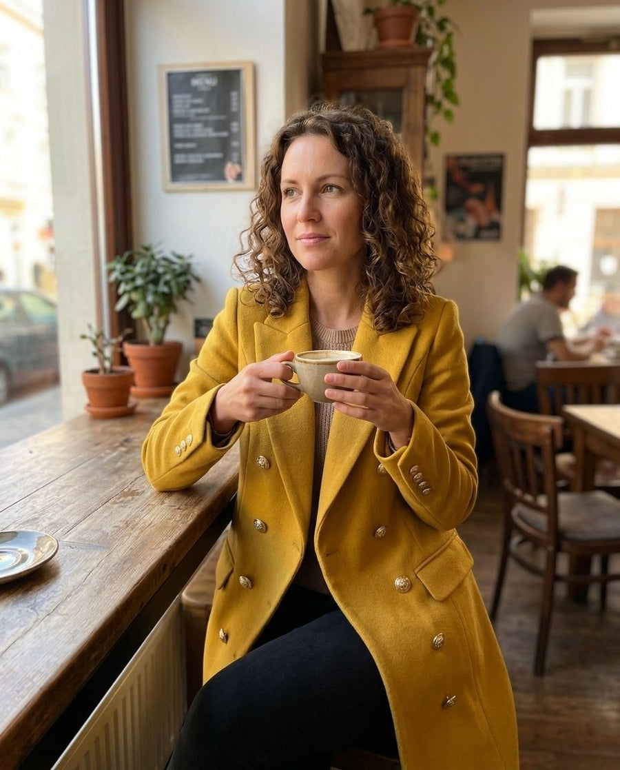Dubbelknäppt Midilång Ullkappa för Kvinnor, trenchcoat i ull i gul, stylinginspiration på ett kafé