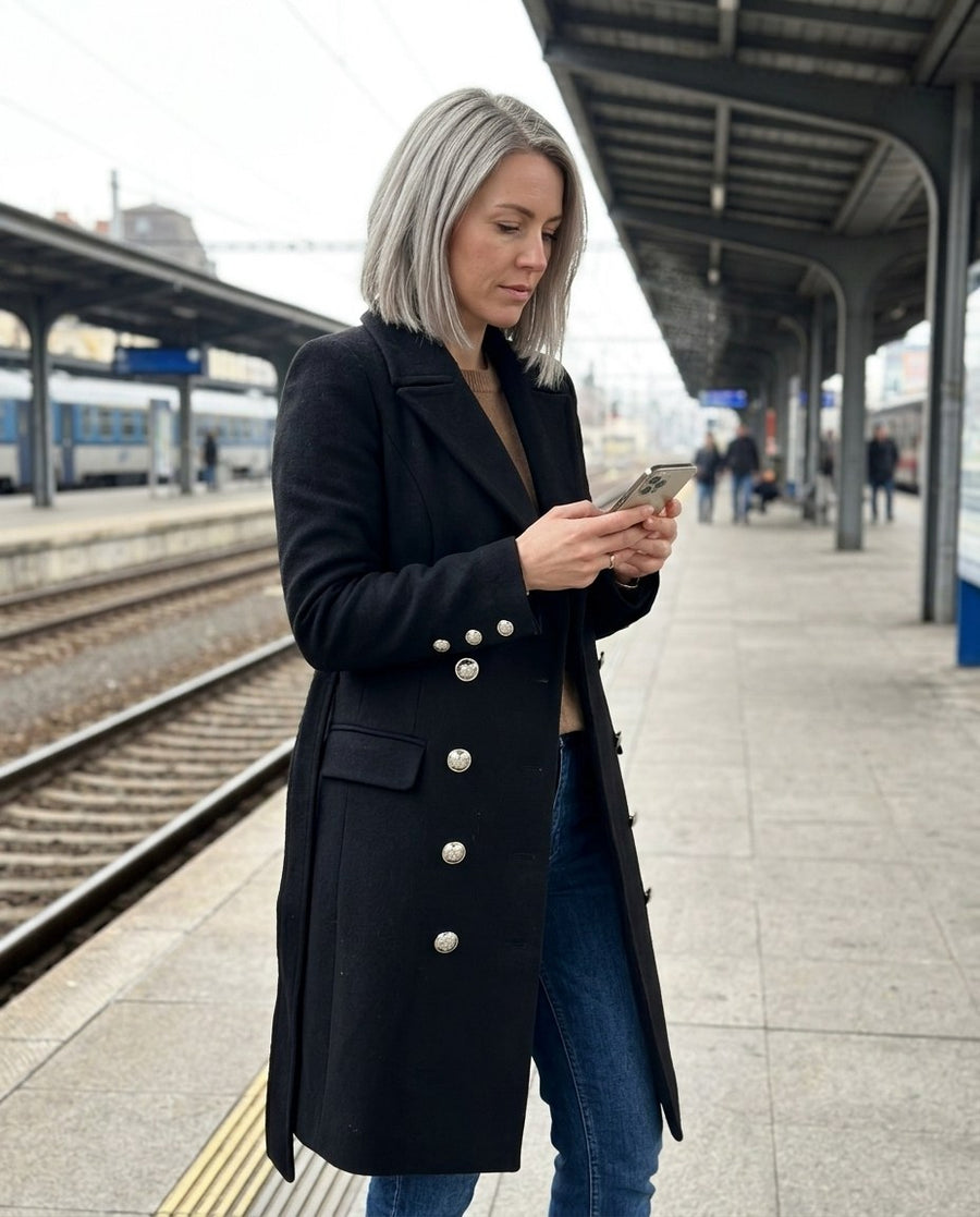 Dubbelknäppt Midilång Ullkappa för Kvinnor, trenchcoat i ull i svart, stylinginspiration på en perron
