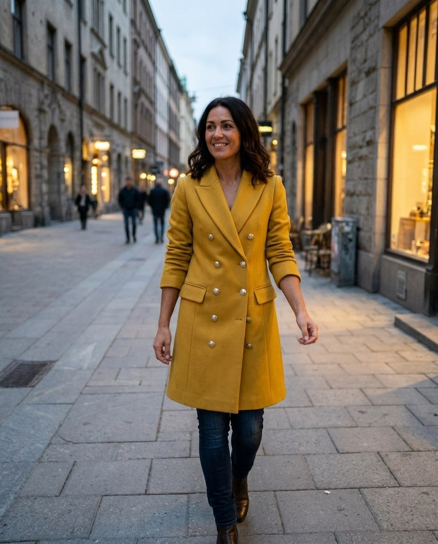 Dubbelknäppt Midilång Ullkappa för Kvinnor, trenchcoat i ull i gul, stylinginspiration en kväll i stan