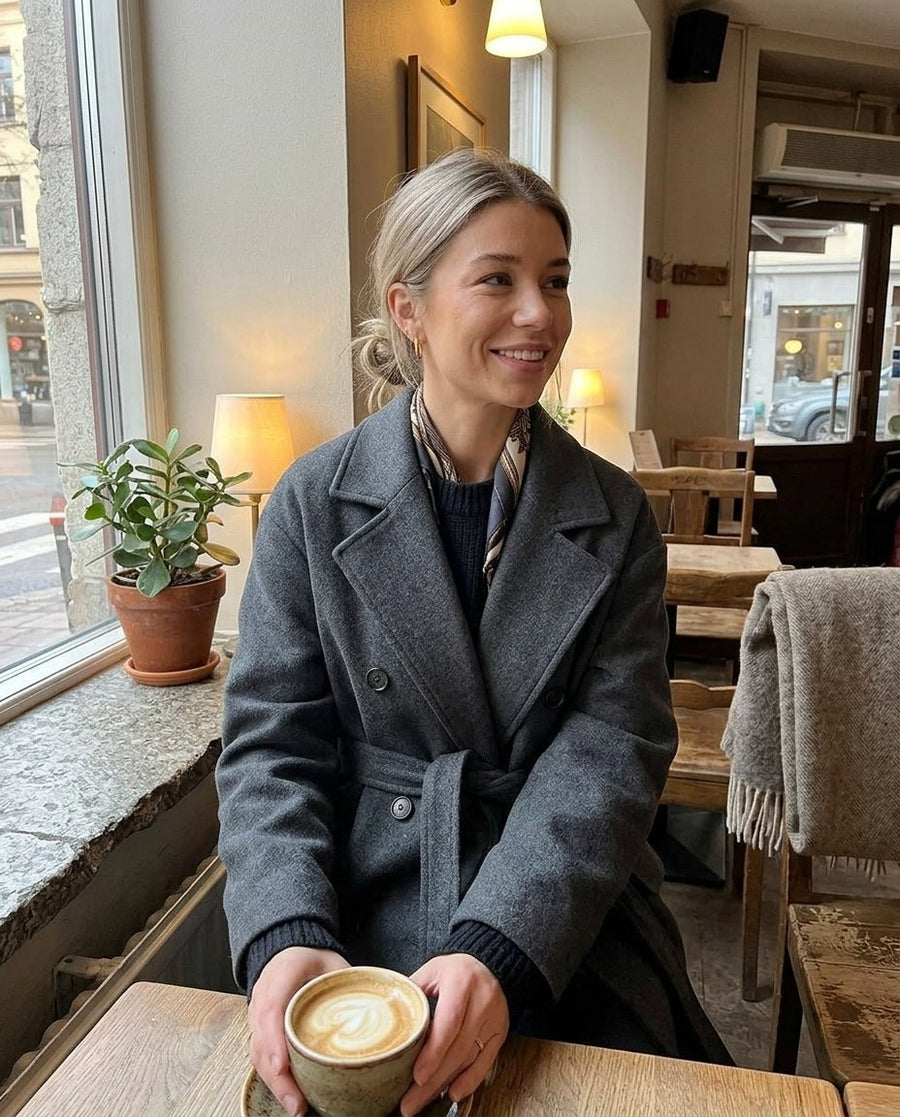 Vinterkappor & jackor för dam, trenchcoat i ull i mörkgrå, stylinginspiration på ett kafé