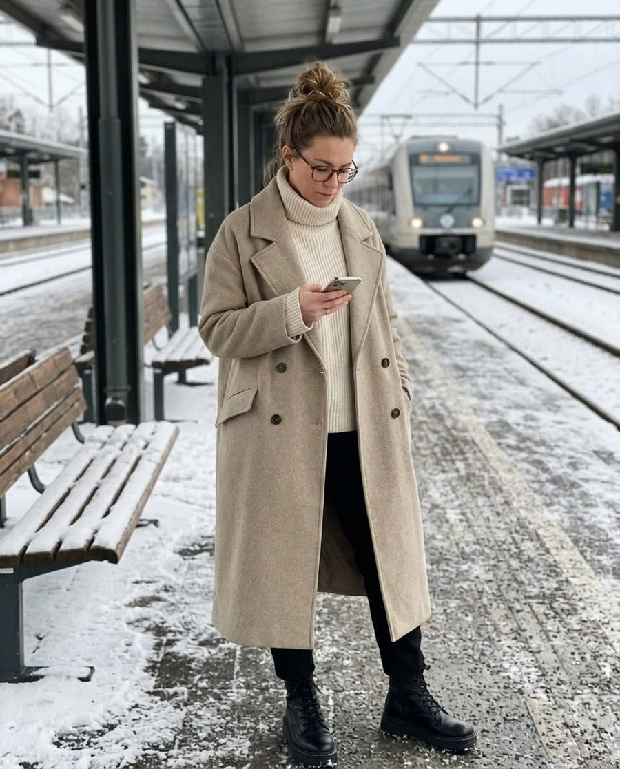 Vinterkappor & jackor för dam, trenchcoat i ull i khaki, stylinginspiration på en perron