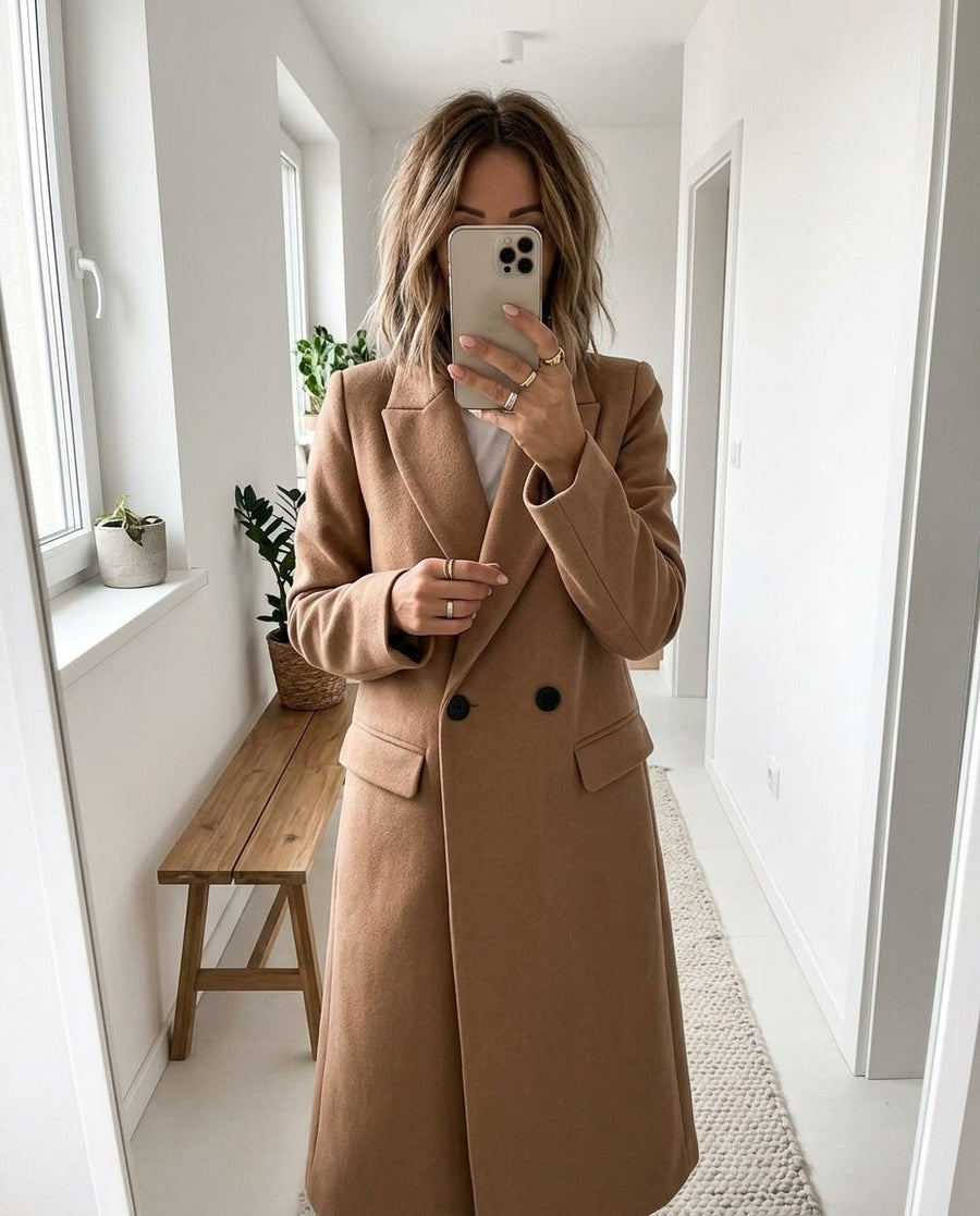 Lång dubbelknäppt kappa i ullmix för kvinnor, trenchcoat i ull i khaki, stylinginspiration spegelbild i hallen
