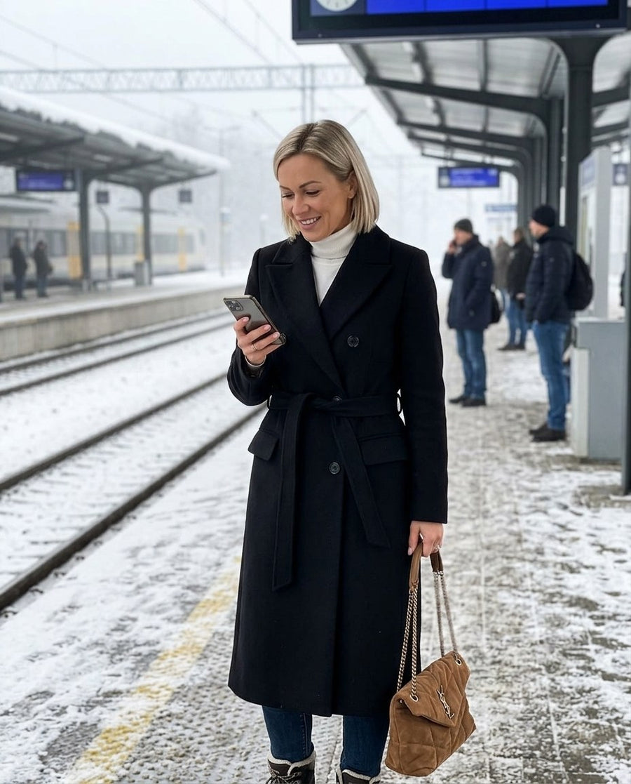Lång dubbelknäppt kappa i ullmix för kvinnor, trenchcoat i ull i svart, stylinginspiration på en perron