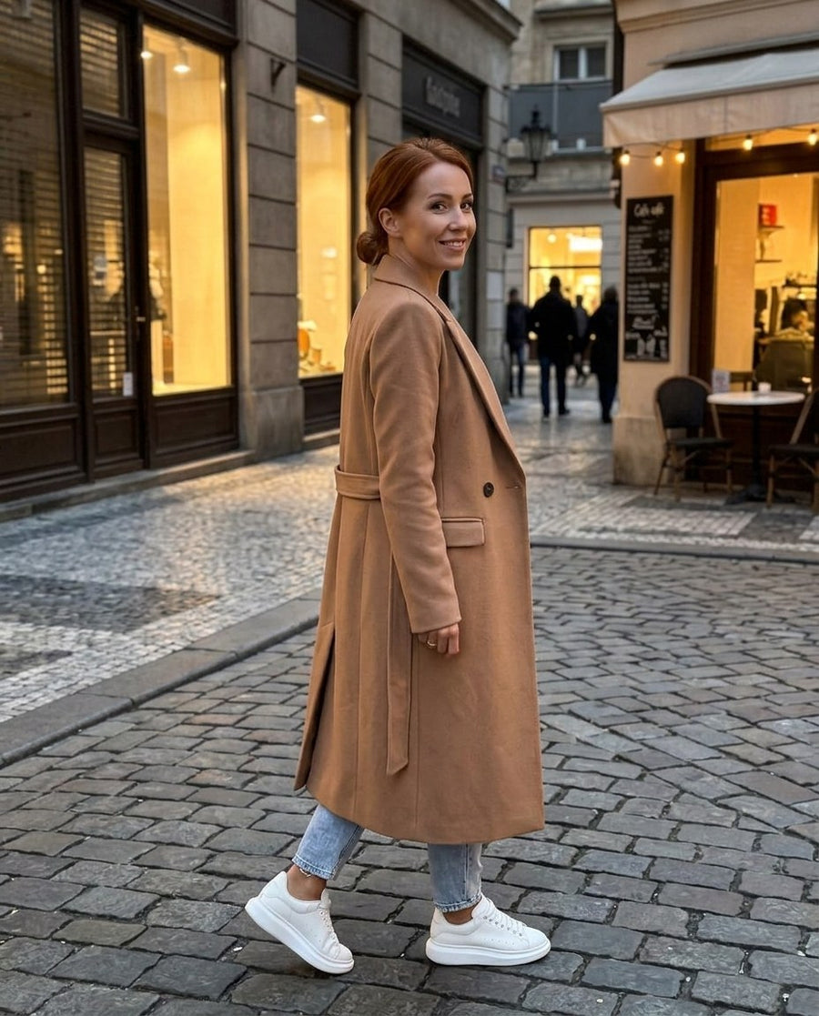 Lång dubbelknäppt kappa i ullmix för kvinnor, trenchcoat i ull i khaki, stylinginspiration en kväll i stan