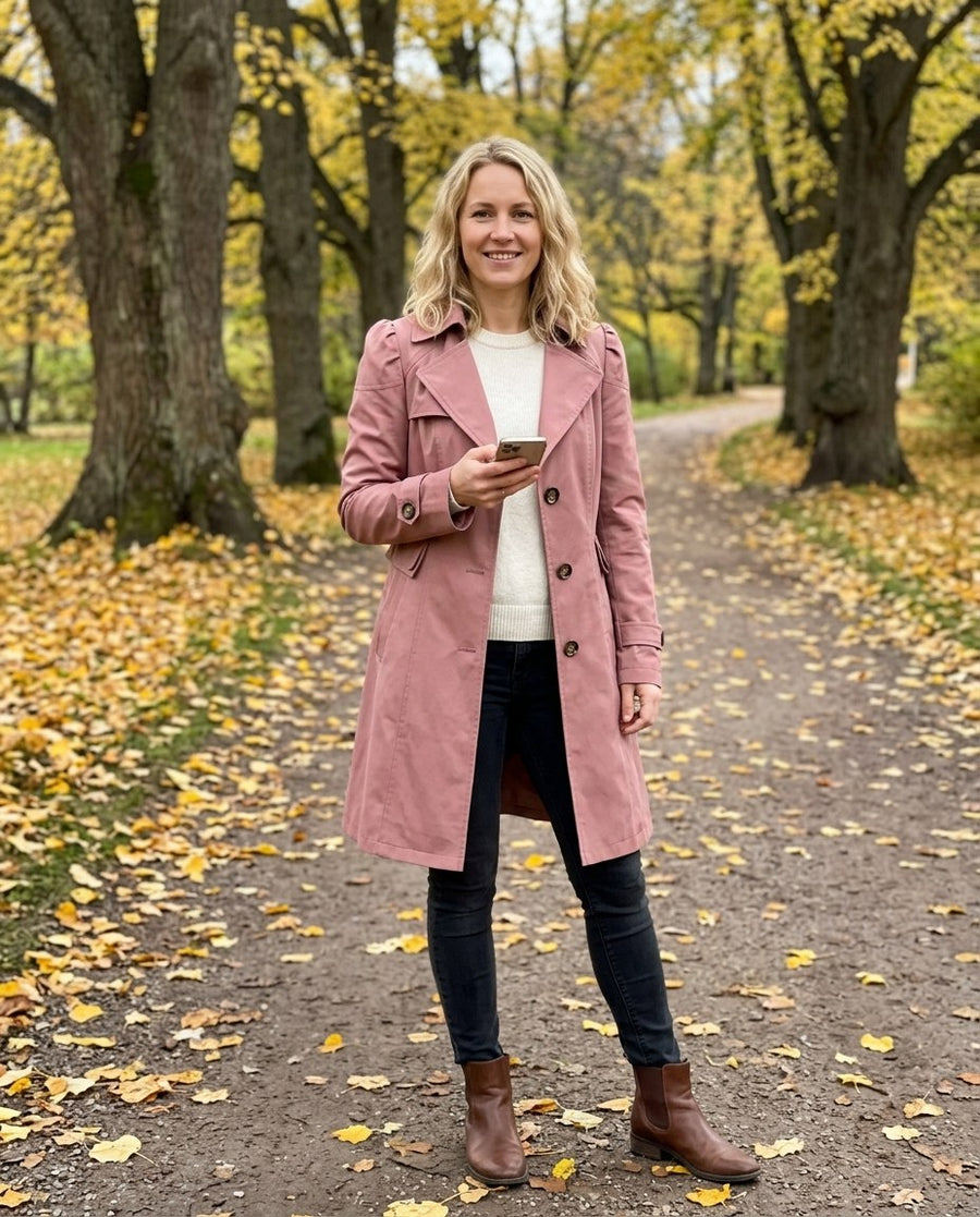 Trenchcoat för dam, trenchcoat i rosa, stylinginspiration i en höstpark