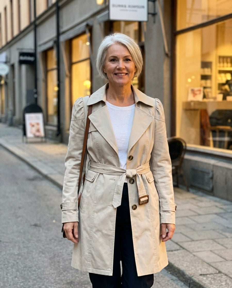 Trenchcoat för dam, trenchcoat i khaki, stylinginspiration en kväll i stan