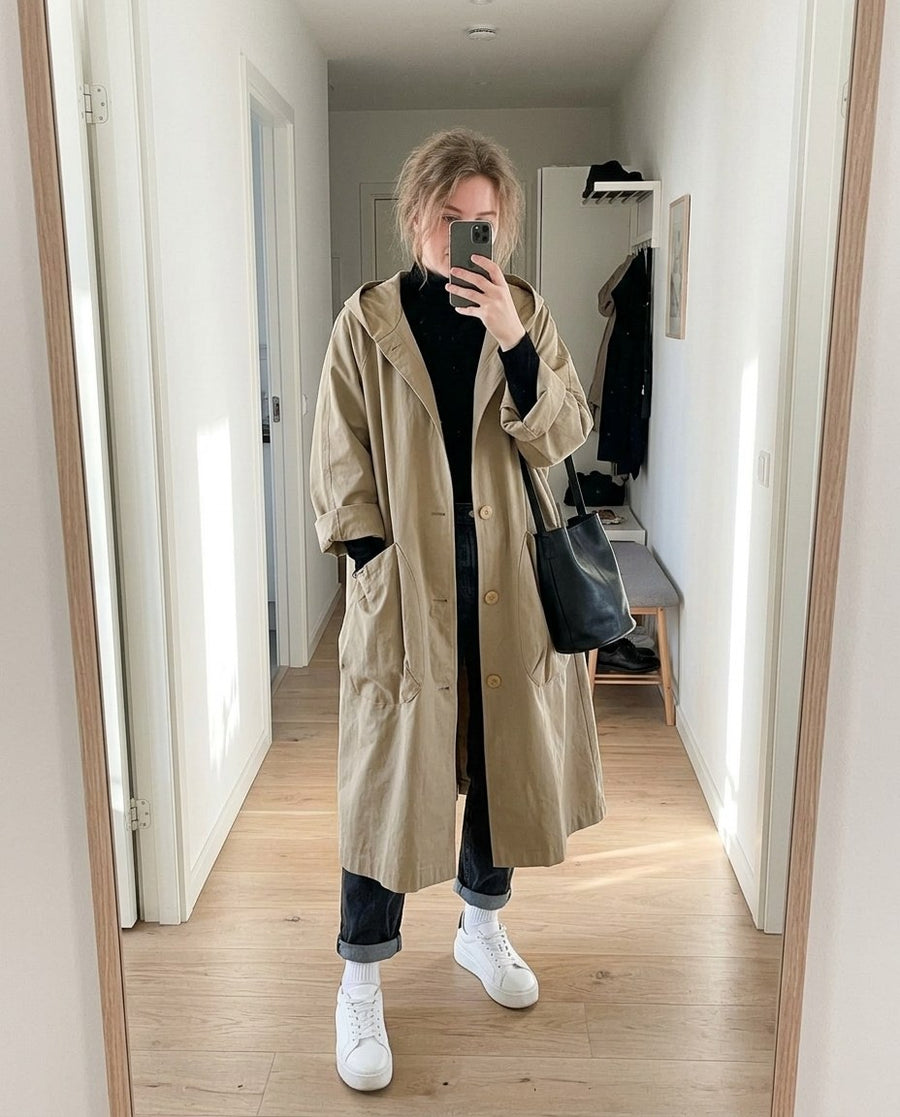 Maren höstutgåva, modetrogen oversized trenchcoat för dam i khaki, stylinginspiration spegelbild i hallen