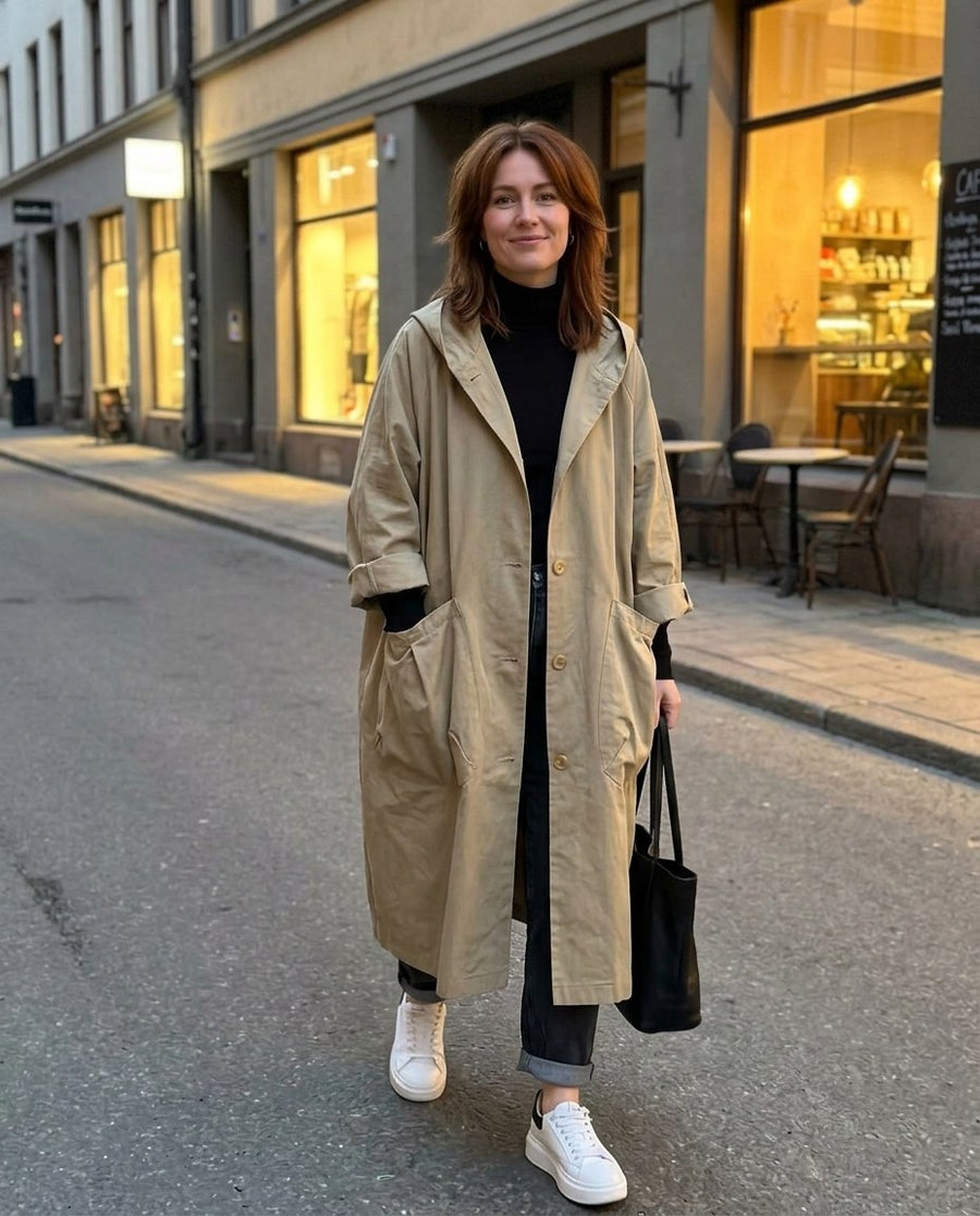 Maren höstutgåva, modetrogen oversized trenchcoat för dam i khaki, stylinginspiration en kväll i stan