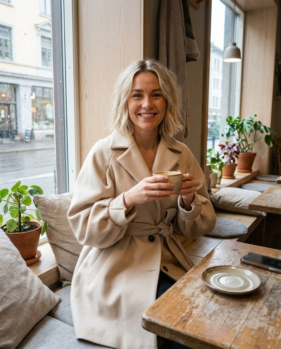 Ullkappa | Medellång | Enkelknäppt | Ulltrenchcoat | Damjackor, ullkappa | medellång | enkelknäppt | ulltrenchcoat | damjackor i beige, stylinginspiration på ett kafé