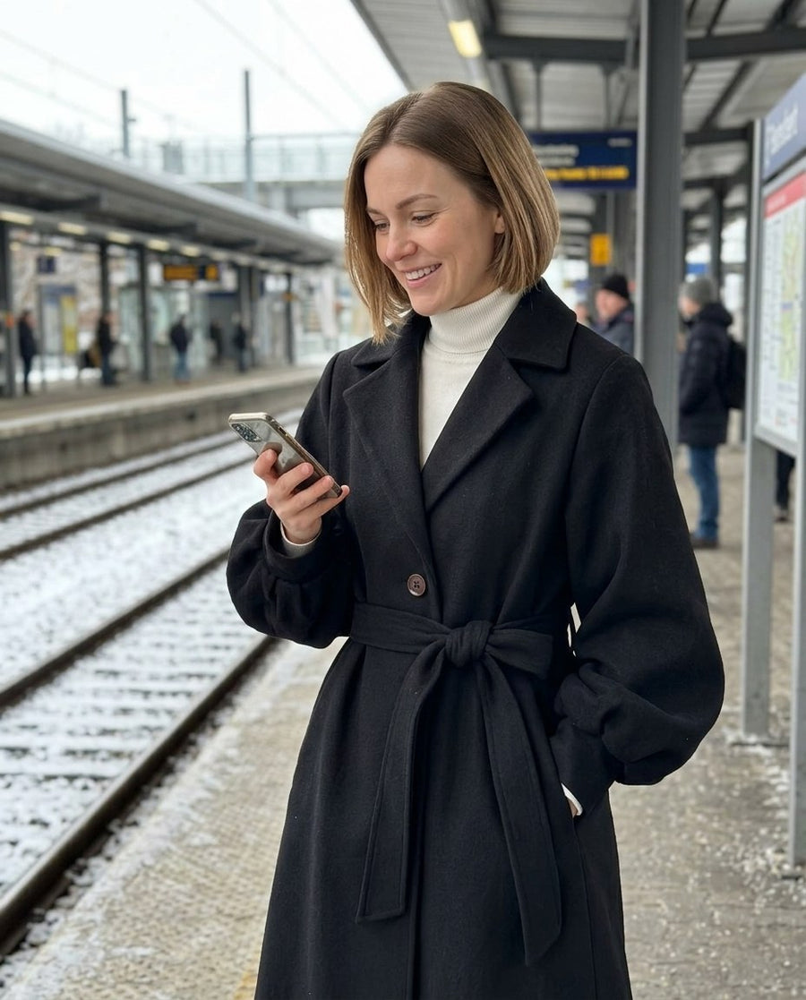 Ullkappa | Medellång | Enkelknäppt | Ulltrenchcoat | Damjackor, ullkappa | medellång | enkelknäppt | ulltrenchcoat | damjackor i svart, stylinginspiration på en perron