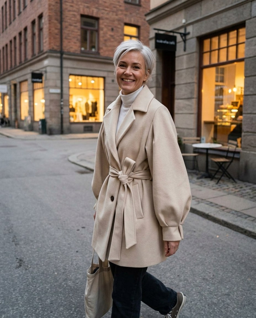 Ullkappa | Medellång | Enkelknäppt | Ulltrenchcoat | Damjackor, ullkappa | medellång | enkelknäppt | ulltrenchcoat | damjackor i beige, stylinginspiration en kväll i stan