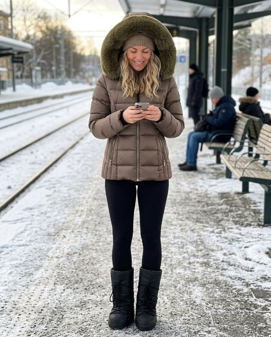 Wilma, vadderad jacka med fuskpälshuva för dam i brun, stylinginspiration på en perron
