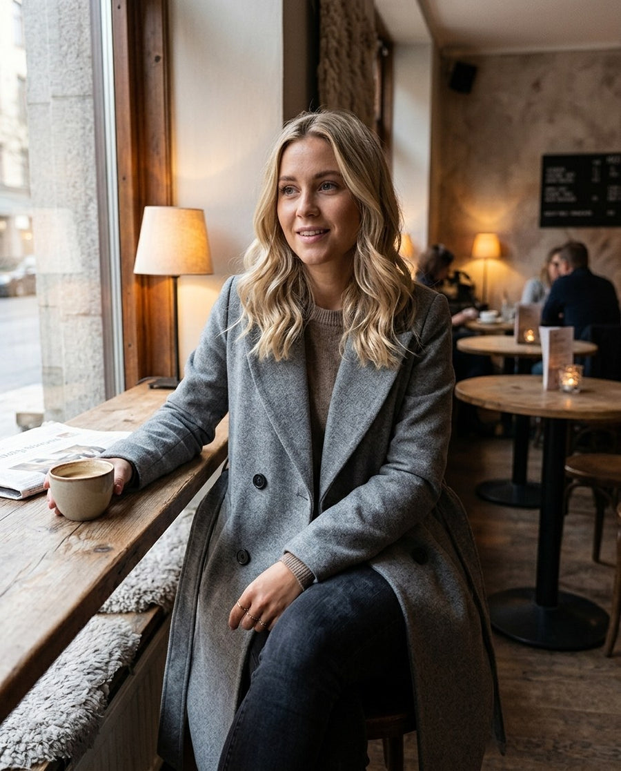 Lång dubbelknäppt ullkappa för kvinnor, vintertrenchcoat i grå, stylinginspiration på ett kafé
