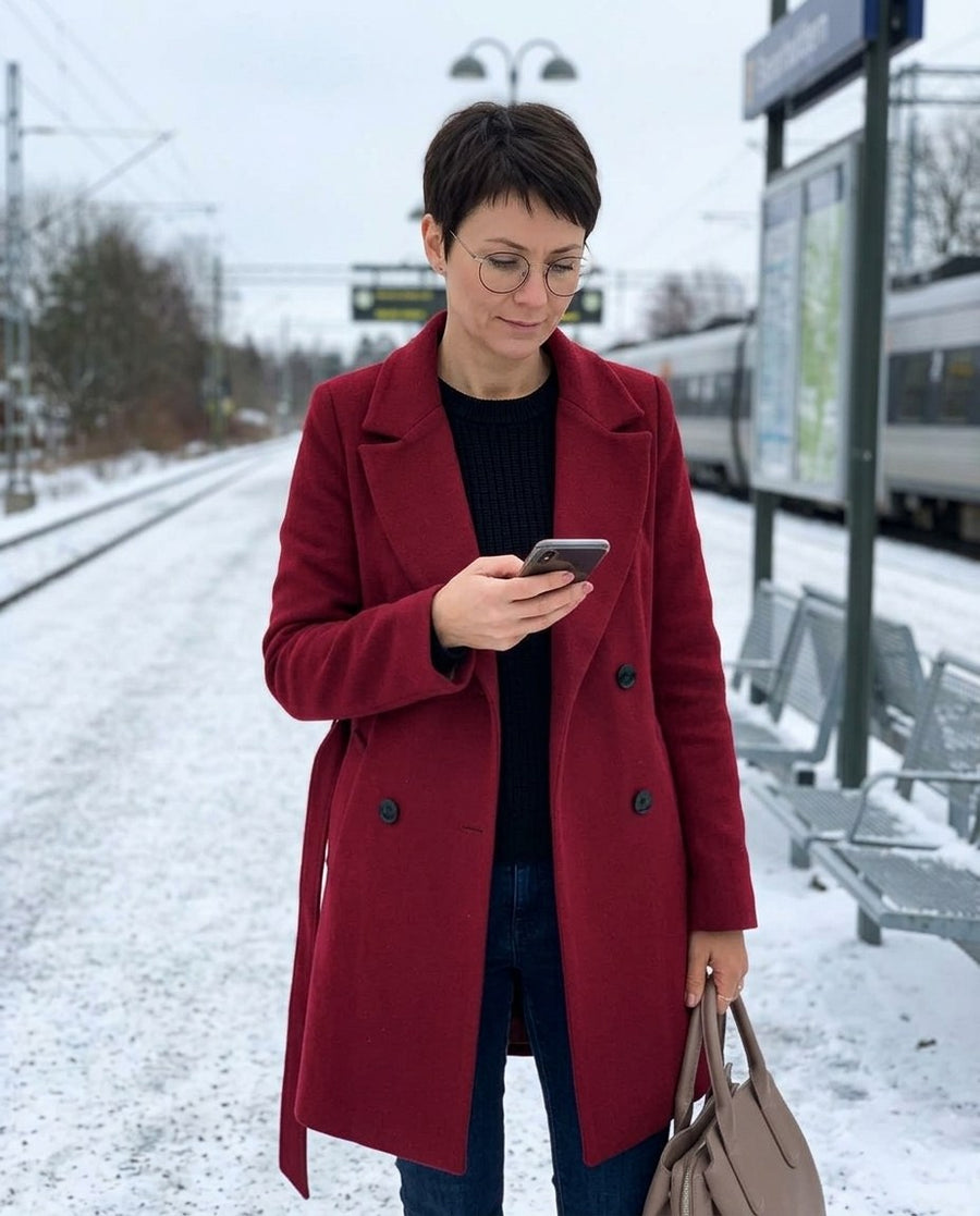 Lång dubbelknäppt ullkappa för kvinnor, vintertrenchcoat i mörkröd, stylinginspiration på en perron